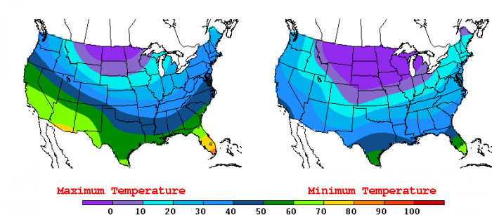 Températures minimales et maximales aux Etats-Unis d'Amérique - 27 décembre 2017 - Source : National Weather Service - NOAA